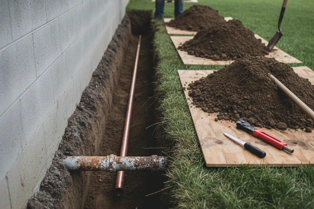 Excavated water line trench during Sewer Line Repair in Ben Lomond